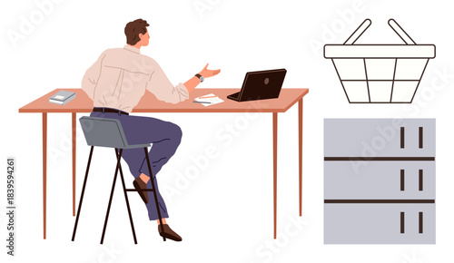 Businessman gesturing while working on a laptop at a desk with a shopping basket and filing cabinets. Ideal for online shopping, multitasking, decision-making, commerce, organization, storage, office