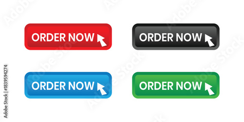 Four order now buttons with cursor icons in different colors On Transparent Background