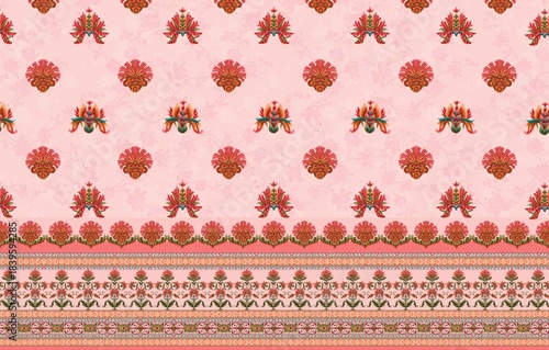 Traditional Floral Textile Pattern with Ornamental Borders on Pink Background