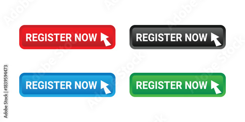 Four register now buttons with cursor icons in different colors On Transparent Background