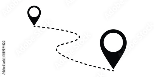 Black Map Pin Route with Dashed Line location marker On Transparent Background