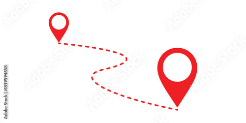 Red Map Pin Route with Dashed Line location marker On Transparent Background