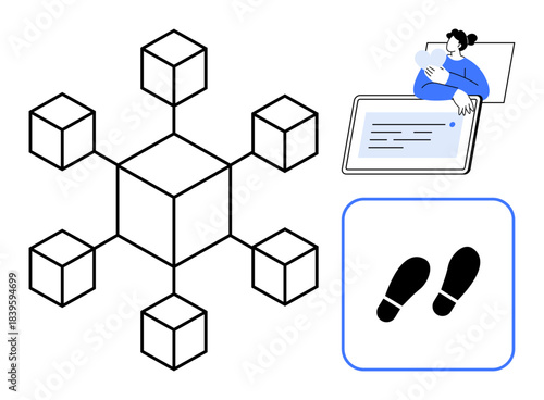 Blockchain concept. Blockchain network connections for data security and decentralized systems. Blockchain shapes digital footprints and user interactions. For fintech, tech, business, security apps