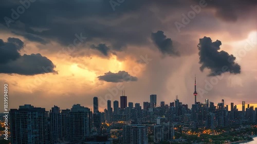 A powerful lightning storm strikes the Toronto skyline as dark clouds gather overhead. The urban landscape contrasts dramatically with the vibrant sunset reflecting off the water.