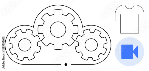 Technology systems, cloud storage, collaboration tools, digital transformation, software development, multimedia. Gears inside a cloud, shirt outline video camera icon. Cloud storage
