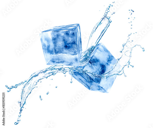 Ice cubes and splash of water in air on white background