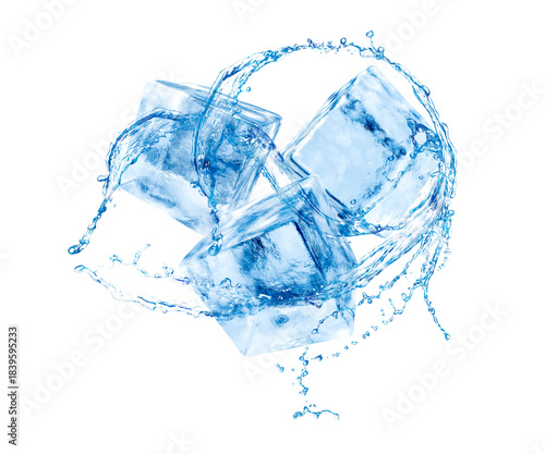 Ice cubes and splash of water in air on white background