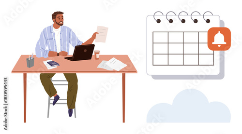 Man working at desk, holding paper, using laptop, calendar with notification icon. Ideal for time management, organization, productivity, meeting planning, deadlines remote work simple flat