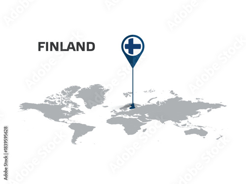 FINLAND Location Pin on World Map with Flag in Pin's Body