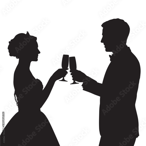 Elegant couple silhouette drinking champagne evening celebration romantic background