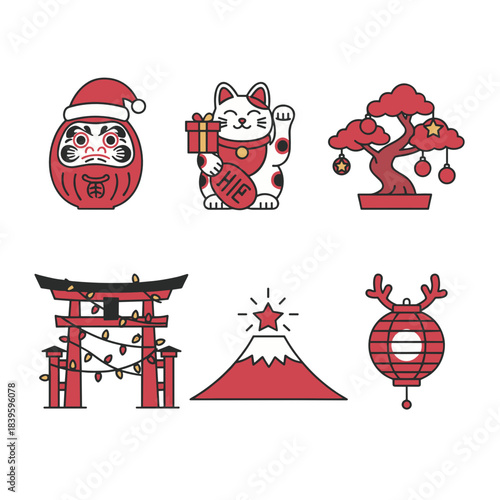 Vector set of Japanese icons including Daruma and Maneki Neko with holiday decorations in flat line style and red colors representing Japanese-inspired minimalist Christmas greeting with copy space