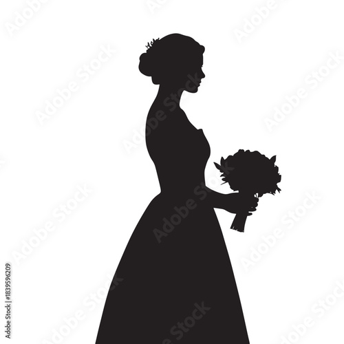 Black silhouette of woman in wedding dress holding bouquet, isolated on white background