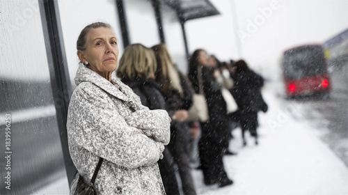 Elderly woman waiting at bus stop in heavy snow, experiencing cold winter weather and delays