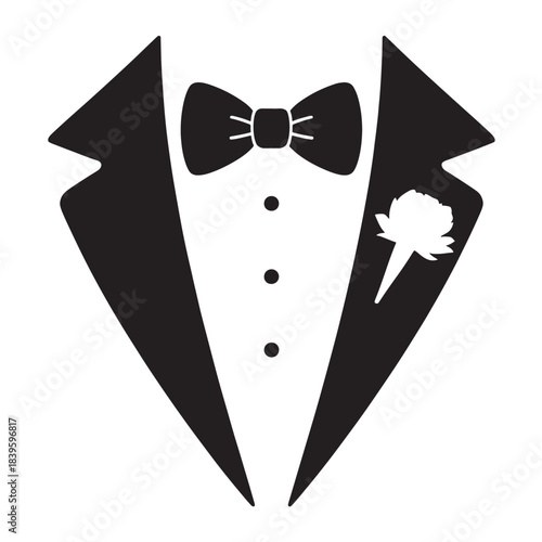 Tuxedo formal suit black bow tie and boutonniere icon minimalist silhouette vector illustration isolated on white background