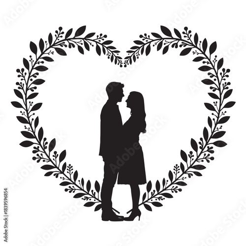 Silhouetted couple romantic embrace floral heart design illustration
