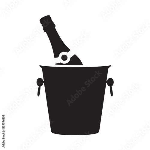 Champagne bottle in ice bucket black silhouette minimal line art isolated vector illustration for restaurant menu bar menu wine list design