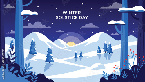 Winter solstice landscape with mountains and snowy forest scene