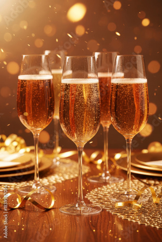 Champagne flutes on a table with golden decorations for a celebration or party event
