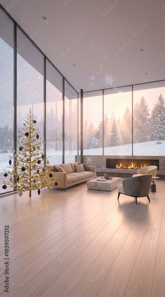 Fototapeta premium Cozy Christmas living room with a decorated tree and a fireplace