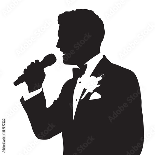 Man in silhouette singing microphone formal attire performance illustration
