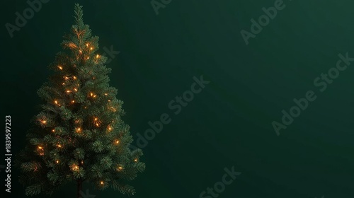 Decorated Christmas tree with lights placed against a dark green background