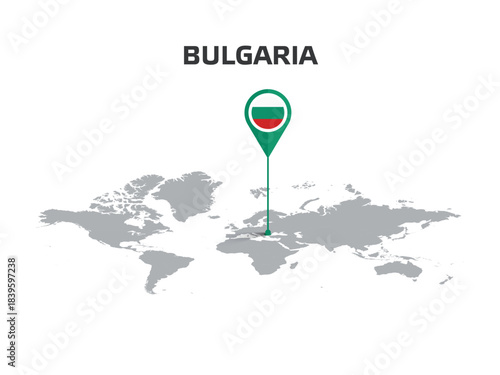 BULGARIA Location Pin on World Map with Flag in Pin's Body