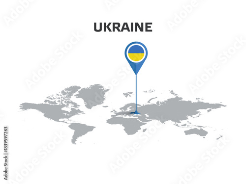 UKRAINE Location Pin on World Map with Flag in Pin's Body