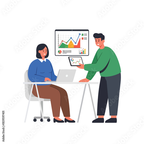 Modern flat vector of two coworkers discussing a line chart on a tablet. Ideal for teamwork, analytics, planning, collaboration, and business strategy visuals