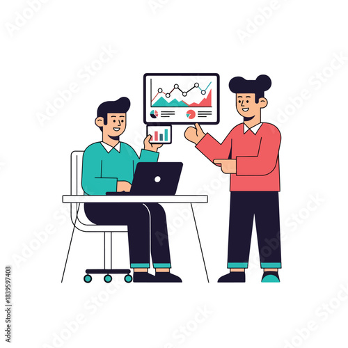Modern flat vector of two coworkers discussing a line chart on a tablet. Ideal for teamwork, analytics, planning, collaboration, and business strategy visuals