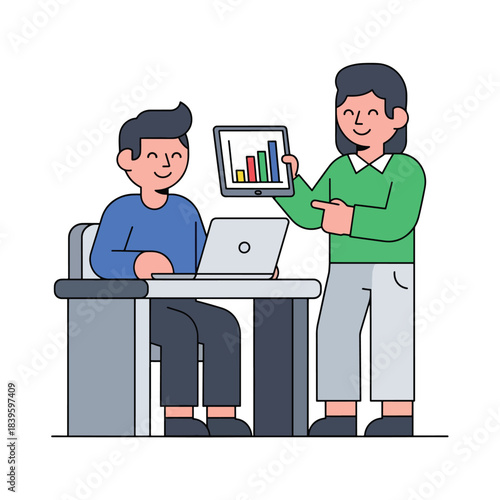 Modern flat vector of two coworkers discussing a line chart on a tablet. Ideal for teamwork, analytics, planning, collaboration, and business strategy visuals