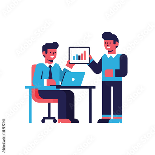 Modern flat vector of two coworkers discussing a line chart on a tablet. Ideal for teamwork, analytics, planning, collaboration, and business strategy visuals
