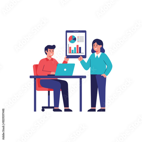 Modern flat vector of two coworkers discussing a line chart on a tablet. Ideal for teamwork, analytics, planning, collaboration, and business strategy visuals