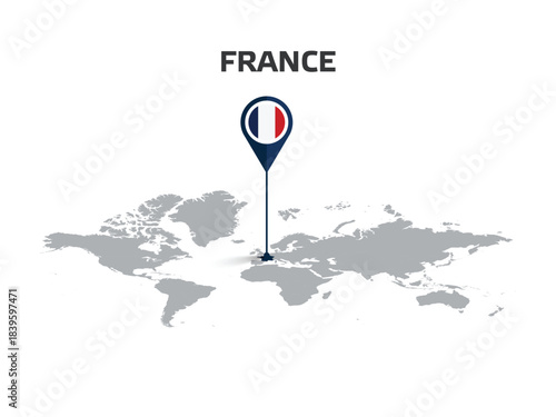 FRANCE Location Pin on World Map with Flag in Pin's Body
