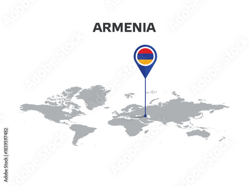 ARMENIA Location Pin on World Map with Flag in Pin's Body