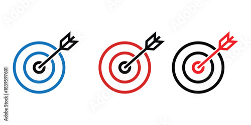 Three Target Icons with Arrows Blue Red Black dartboard On Transparent Background