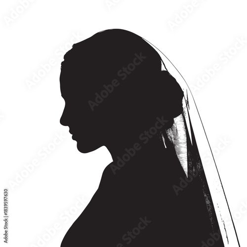 Woman silhouette with veil, profile view, black and white