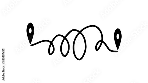 Winding and Curly Path with Map Pins Symbolizing a Complex Journey, Indirect Route, or Convoluted Travel Plan Between Two Points, Abstract Hand-Drawn Design Element