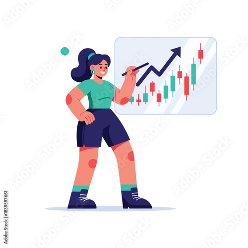 Flat vector illustration of a woman drawing a candlestick chart and upward arrow. Ideal for finance, trading content, investment education, and strategy visuals
