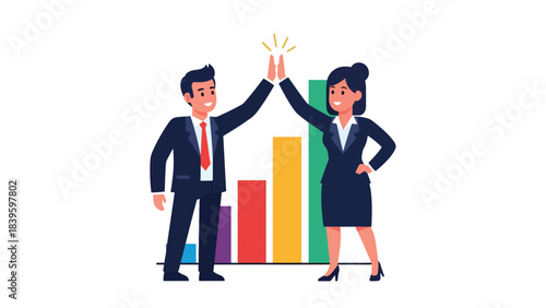 Flat modern vector of a businessman high-fiving a coworker beside a growth chart. Ideal for teamwork, motivation, employee success, and sales achievement visuals