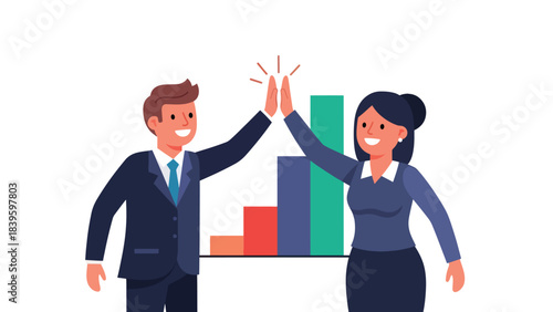 Flat modern vector of a businessman high-fiving a coworker beside a growth chart. Ideal for teamwork, motivation, employee success, and sales achievement visuals
