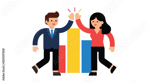 Flat modern vector of a businessman high-fiving a coworker beside a growth chart. Ideal for teamwork, motivation, employee success, and sales achievement visuals