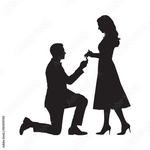 Man proposing to woman with ring, romantic gesture silhouette