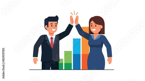 Flat modern vector of a businessman high-fiving a coworker beside a growth chart. Ideal for teamwork, motivation, employee success, and sales achievement visuals