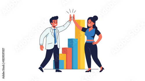 Flat modern vector of a businessman high-fiving a coworker beside a growth chart. Ideal for teamwork, motivation, employee success, and sales achievement visuals