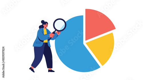 Flat vector of a woman examining a pie chart with a magnifying glass. Ideal for analytics, research, reporting dashboards, and data breakdown visuals