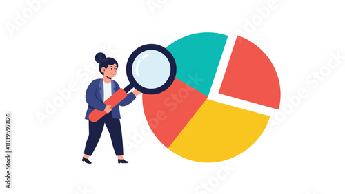 Flat vector of a woman examining a pie chart with a magnifying glass. Ideal for analytics, research, reporting dashboards, and data breakdown visuals