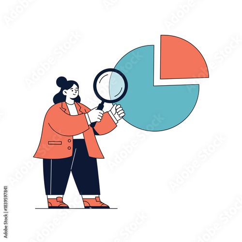 Flat vector of a woman examining a pie chart with a magnifying glass. Ideal for analytics, research, reporting dashboards, and data breakdown visuals