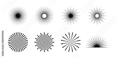 Set of Black Starburst and Sunburst Graphic Elements On Transparent Background
