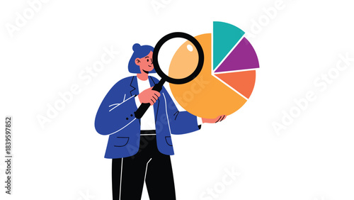 Flat vector of a woman examining a pie chart with a magnifying glass. Ideal for analytics, research, reporting dashboards, and data breakdown visuals