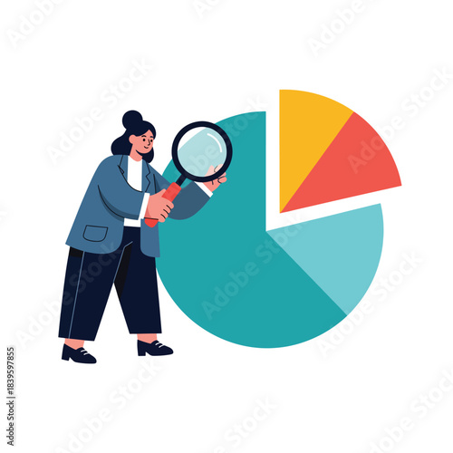 Flat vector of a woman examining a pie chart with a magnifying glass. Ideal for analytics, research, reporting dashboards, and data breakdown visuals